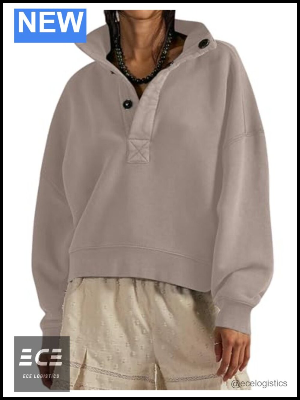 Mock Neck Sweatshirt Women Henley Pullover Oversized Button Fleece